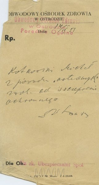 KKE 5465.jpg - Dok. Zwolnienie ze szczepień ochronnych z powodu astmy wystawione przez Ubezpieczalnie Społeczną dla Michała Katkowskiego, Ostróda, 14 IV 1957 r.